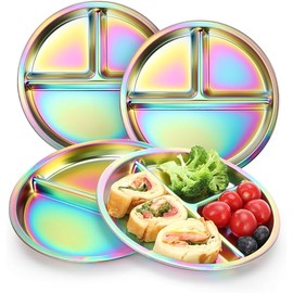 AIEVE Stainless Steel Kids Plates, 4 Pack Round Divided Toddler Plates, Portion Control Plate 9 Inch