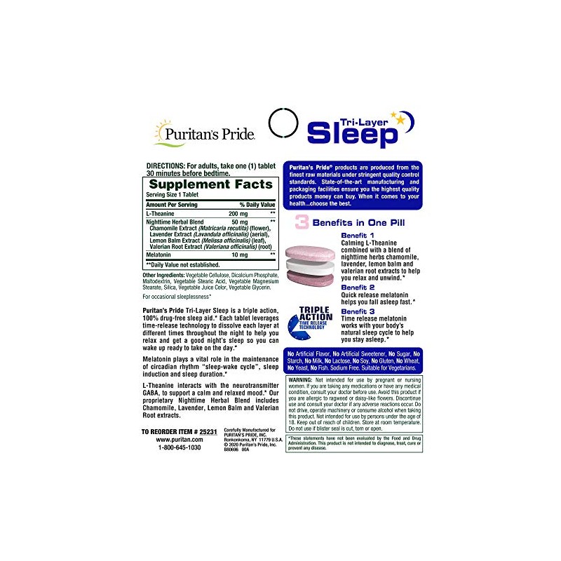 Puritan's Pride Tabletas para dormir de tres capas, 30 unidades
