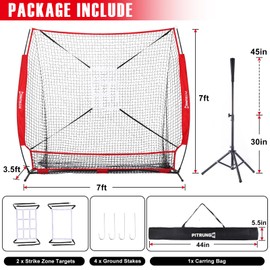 Pitrungo 7x7ft Baseball Softball Practice Net w/Large Ball Collection System Pitching Net w/Tripod Adjustable Batting Tee 2 Strike Zone Carry Bag Baseball Nets for Hitting Pitching