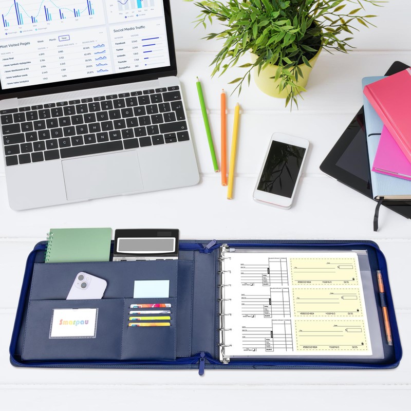Smarpau 7 Ring PU Leather Check Binder with Zipper Pouch,