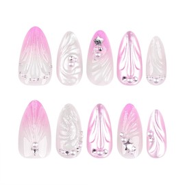Almond Press on Nails Medium Fake Nails Pink Ombre False Nails with Designs 3D Shell Pearl Stick on Nails Glossy Full Cover Glue on Nails Summer Acrylic Nails for Women Nails Decoration 24 Pcs