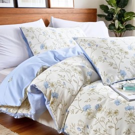 Nayoroom Bed Linen 135 x 200 cm Cotton Flowers White with Blue Flowers Aesthetic Cute Duvet Cover Set of 2 Floral Pattern Plants Flower Meadow Duvet Cover with Zip and Floral Pillowcase 40 x 80 cm