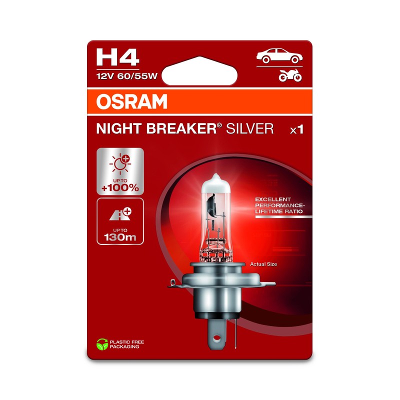 Osram Night Breaker® Silver, H4, Halogen Headlight Lamp, Single Blister