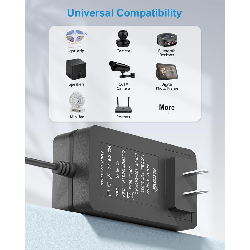 ALITOVE 24V Power Supply 2.5A 60W AC Adapter 100-240V 50-60Hz