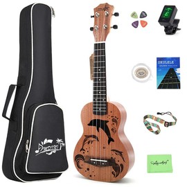 Dolphin/Bird Carved 21 inch Soprano Ukulele Sapele Wooden Small Hawaiian Guitar Set with Case Strap Tuner Picks Nylon Strings Primary Tutorial:_Bird