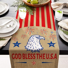 LANGFON 4th of July Table Runner Eagle Table Runners America Flag Strips Patriotic Burlap Table Runners for Veterans Day Independence Day Home Party Table Runners for Kitchen Dining Table Decor