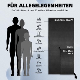 damoguin Set of 3 Microfibre Towels, Large (180 x 80 cm) & 2 Small (80 x 40 cm) Quick-Drying Microfibre Fitness Towels, Sports Towel, Beach Towel, Bath Towel and Travel Towel (Black)