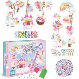 Kit de Pintura de Diamantes para Niños, 15 Diamond Painting y 50 Pegatinas, Pegatinas de Pintura de Diamantes con Herramientas de Pintura, Llaveros DIY Artes y Manualidades para Regalos de Navidad (Unicornio)