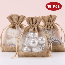 WRAPAHOLIC 4x5.5 inch 10 pcs Burlap Drawstring Gift Bag - Burlap with One Side Organza Wedding Party Welcome Favor Bags - Tan