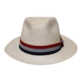 Borges & Scott - Teardrop Fedora Panama Hat - Natural Straw with Antique Red, White and Blue Band - 60cm