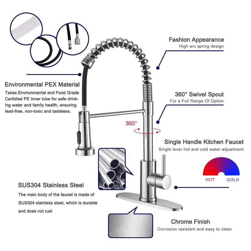 VOTON Chrome Kitchen Faucets with Pull Out Sprayer Commercial Spring