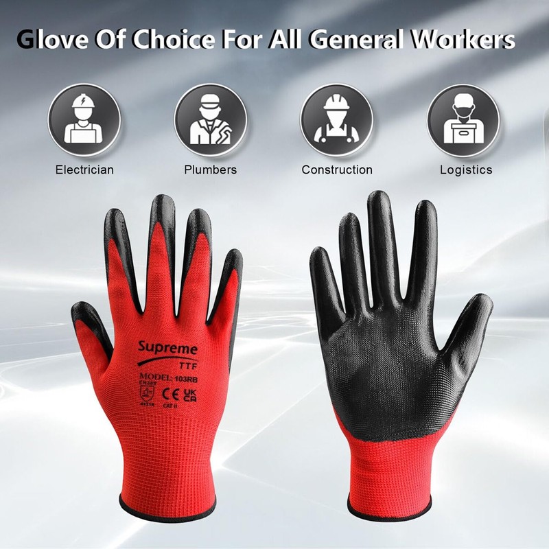 SupremeTTF 24 Pair Red Work Gloves Nitrile coated Gloves Builder's