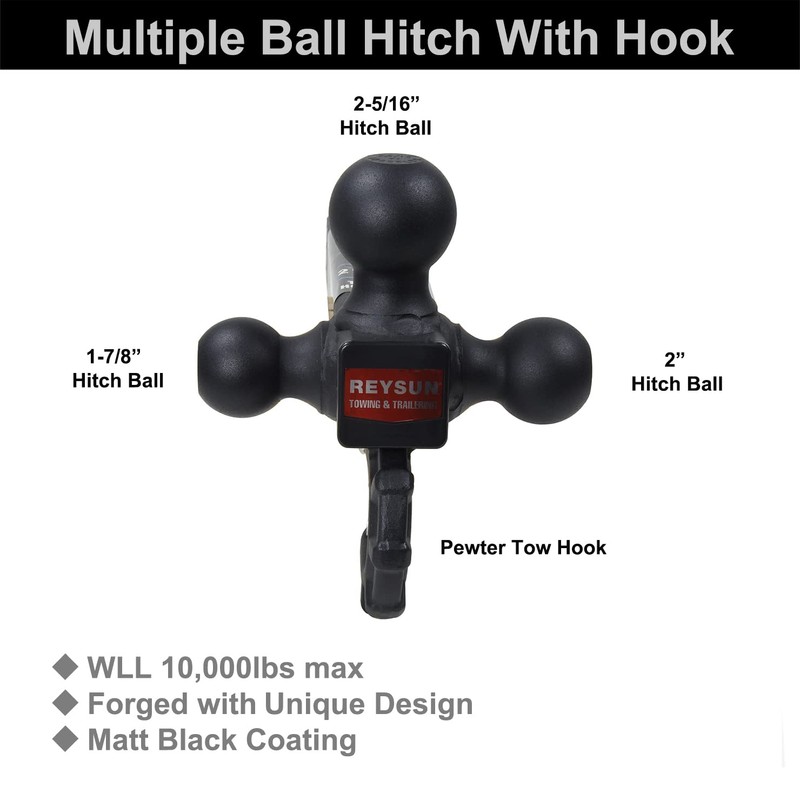 REYSUN Trailer Hitch 864011L Tri Ball Mount with Hook, Tactical