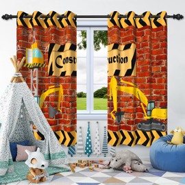 Umpoo Boys Room Window Curtains Under Construction Themed Excavator Brick Wall Blackout Curtain Grommet Top for Living Room Bedroom Decor Window Drapes 2 Panel Set, 52x63 Inch