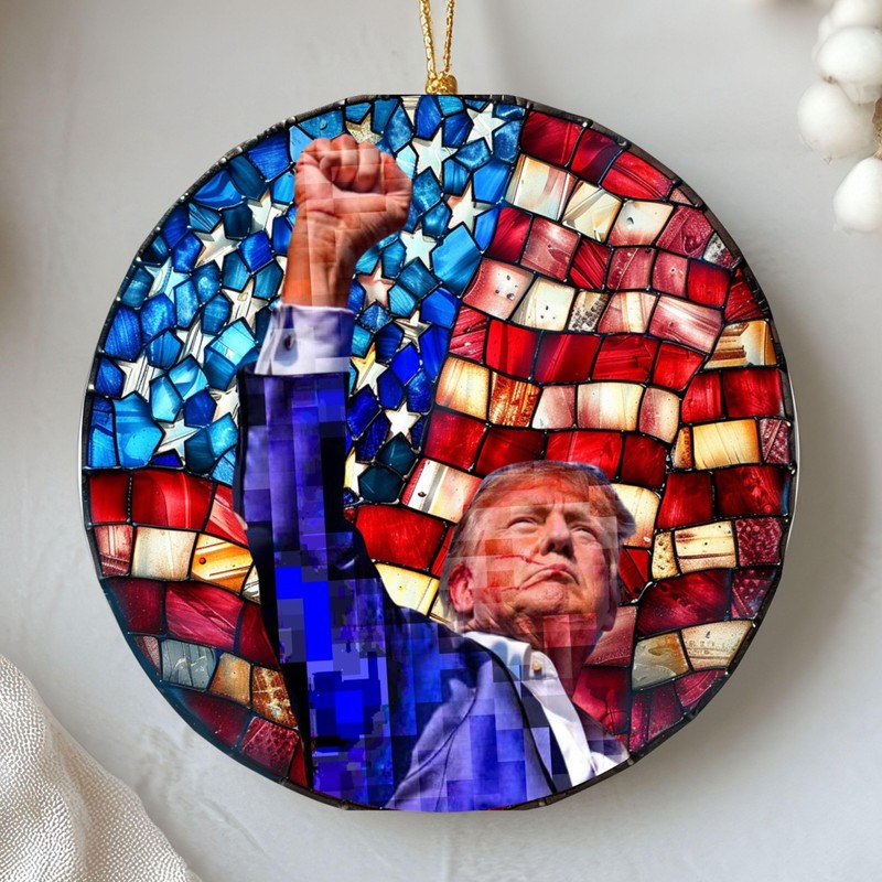 Trump with Raised Fist Stained Glass Christmas Ornament, American Pride