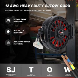 Txecpro 12 Gauge Retractable Extension Cord Reel, 45 FT 12 AWG/3C SJTOW Heavy Duty Power Cord, 3 Outlets Triple Tap, 15 AMP, Ceiling/Wall Mount for Garage and Shop,UL Listed