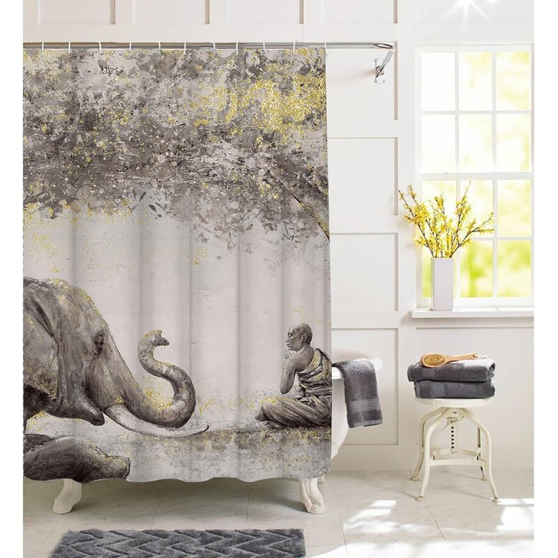 FuShvre Zen Shower Curtain Set Elephant Monk Under Pipal Tree