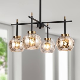 KSANA Black Chandelier for Dining Room, 4-Light Modern Chandelier Light Fixture with Mercury Glass Shades, Black and Gold Glass Pendant Lighting Hanging Fixture for Entryway, Foyer, Kitchen
