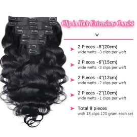 Mihugass Seamless Clip In Hair Extensions Real Human Hair PU Weft Body Wave Clip In Hair Extensions Human Hair 8pcs with 18Clips Per Set 120g(18inch,Natural Black)