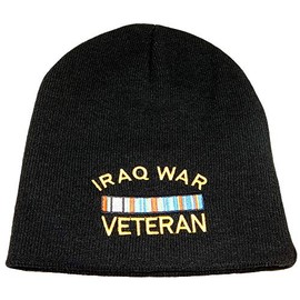 Iraq War Vet Veteran Ribbon Embroidered on 8" Black Knit Beanie Skull Cap