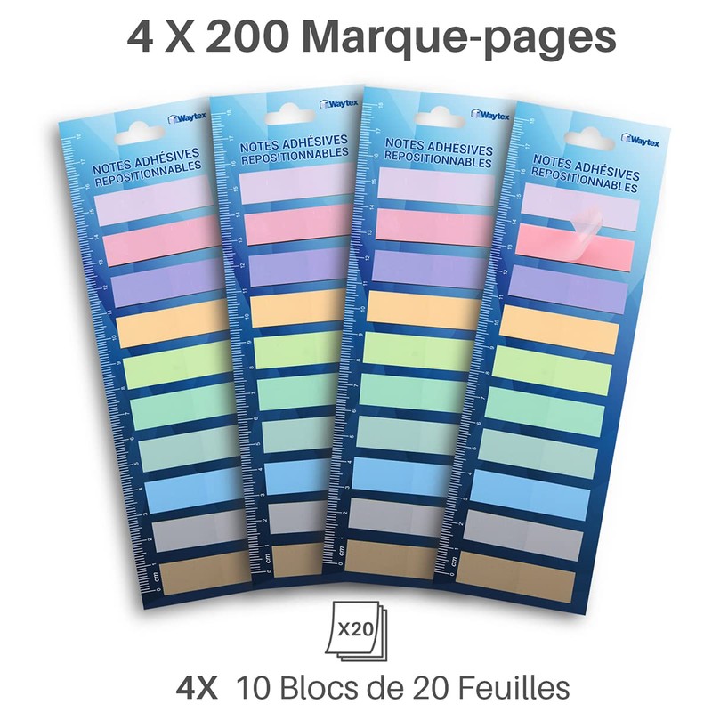 WAYTEX 800 Sticky Notes Reusable Laminated Bookmarks, 10 Colours, 4