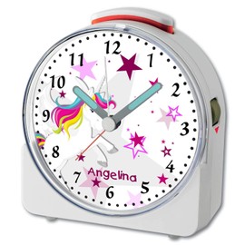 CreaDesign, WU-71-1129-02, Einhorn Rosa, analog Kinderwecker weiß, Funkwecker mit Sweep-Uhrwerk und fluoreszierenden Zeiger und Licht, personlisiert mit Namen, 10,2 x 4,6 x 11 cm