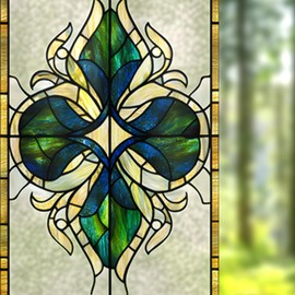 Nuxovilar Stained Glass Blue - Green Scroll Window Film, 17.7×39.4inch, Intricate Scroll Pattern Static Cling for Privacy & Decor (Frosted)