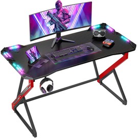 Small Gaming Desk with LED Lights, 40/47Inch Computer Desk for Home Small Space, Gaming Table with Carbon Fiber Surface, PC Gamer Desk for Kids Boys Men - Color: White, Size: 47inch
