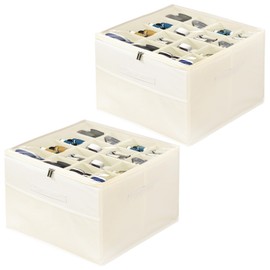 MYUPDALIN Shoe Organizer for Closet with Clear Cover and Adjustable Dividers,16-Slot Shoe Storage Box Fits Up to 16 Pairs with Reinforced Handles (2PCSbeige)