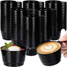 200 Count 4 oz Hard Plastic Coffee Cup Bulk Tea Cups Disposable Mini Mugs Transparent with Handle for Party, Wedding, Graduation, Birthday, Cafe, Restaurant, Catering, Buffets Events (Black)