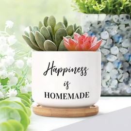DecStic Happiness is Homemade Planter Ceramic Bible Verse Round Plant Pots with Drainage Holes and Bamboo Tray Pot for Succulents Cactus Garden Windowsill