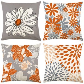 Baidast Orange Decorative Throw Pillow Covers 20x20 Set of 4, Burnt Orange and Grey Modern Daisy Floral Pillows Linen Pillow Covers for Couch Sofa Living Room