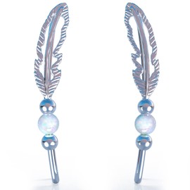 Silver Feather Ear Climbers Tribal Long Ear Climber Earrings Curved Bar Studs, Ear crawlers,Ear Cuffs White Opal