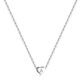 RWQIAN Silver Heart Letter Chain Women's Stainless Steel Initial Chain Alphabet A-Z Letter Chain Pendant Necklace Gift 16 Inches + 2 Inches, Stainless Steel, No Gemstone