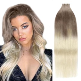YMEYME Tape in Hair Extensions Human Hair Invisible Reusable Seamless Skin Weft Remy Tape Hair Extensions 20Pcs 50g #B8/60 Balayage Light Brown to Platinum Blonde 22inch