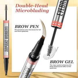 Eyebrow Pencil with Eyebrow Gel, 2-in-1 Microblading Eyebrow Pen with 4 Fork Tip, Long Lasting Eye Brow Pen Waterproof & Smudgeproof for Fuller Real-looking Brows (Black)