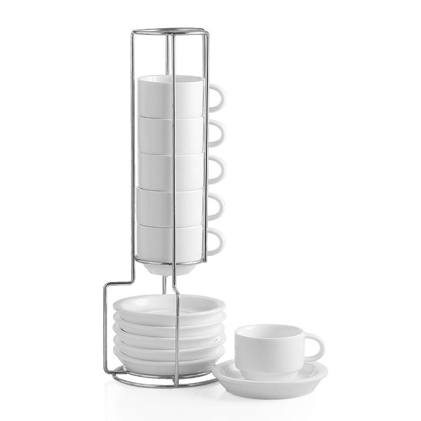 Sweejar Porcelain Espresso Cup & Saucer Set, Stackable Demitasse Cups with Metal Stand, 2.5 OZ for Latte,Coffee,Cafe Mocha,Tea, Set of 6(White)