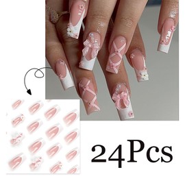 3D Bow French Tip Press on Nails Medium Long Square Fake Nails with White Pink Flower Rhinestones Design False Nails Cute Acrylic Full Cover Artificial Nails Glue on Nails for Women Girls 24Pcs