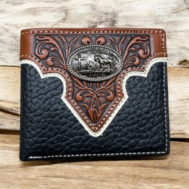 Western Stakes Mens Wallet Floral Tooled Cowboy Praying Concho Embossed Cowboy Western Leather Wallet High End Leather Mens Wallets Leather Rodeo Gifts For Men (Black)