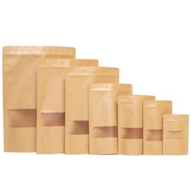 50pcs Kraft Bags with Window Resealable Stand Up Ziplock Pouches Bulk Food Storage Bag for Small Business 3.5x5.5"