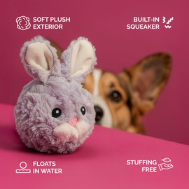 Pet Lou 4 Inch Squeaky Rabbit Dog Plush Toy, Stuffing-Free Soft Plush, Durable Bouncy Squeaker Ball, Floats in Water, for Small & Medium Dogs