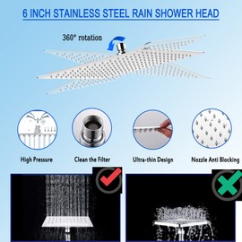 High Pressure Rain 6'' Square Shower Head Combo, Equipped with all Metal Hand Shower, 78" Extra Long Hose, 3-Way Diverter, Adhesive Shower Head Holder (WOSAISIUS Chrome Shower Head Set)