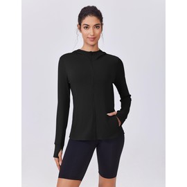 PINSPARK Women's Sun Protection Athletic Jackets with Hood Lightweight Long Sleeve Track Tops Full Zip Up Workout Activewear with Pockets Black XL