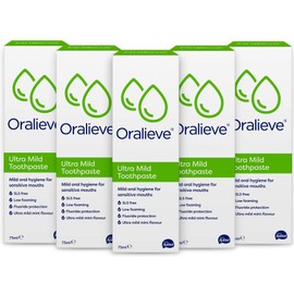 Oralieve Ultra Mild Toothpaste, Dry Mouth Toothpaste, Suitable for Sore and Sensitive Mouths, Mild Mint Flavour, 1450ppm Fluoride, SLS Free, 75ml, 5 Pack