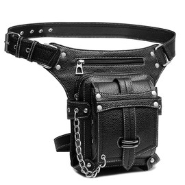 Steampunk Waist Bag Fanny Pack Thigh Holster Purse Gothic Leather Shoulder Crossbody Hiking Chain Messenger Bag, Black 138, Small