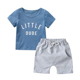 Infant Baby Boy Summer Short Clothes Letter Print T-shirt Blue Tops Drawstring Grey Shorts with Pockets 2Pcs Outfit Set 6-9 Months