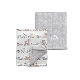 CREVENT 2 Pack 75cm x 100cm Cute Cuddly Fluffy Warm Baby Blankets for Infants and Toddlers Bedding Cot Pram - Grey Cloud + Animal
