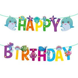 Under the Sea Happy Birthday Banner, Ocean Theme Party Decoration with Sharks and Sea Animals, Colourful Birthday Bunting