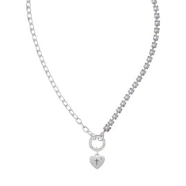 Delight Jewelry Silvertone Small Heart with Cross & Fish with Crystal Stronger Braver Smarter Mixed Cable and Imitation Pearl Chain Choker Necklace, 14.75-17"