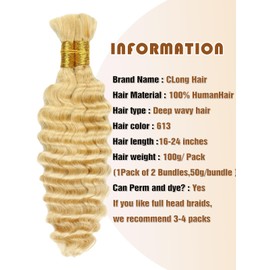 Light Honey Blond Human Braiding Hair Deep Wave Bulk，Honey 613 No Weft Curly Braiding Hair Extensions for Boho Braids Wet and Wavy Braiding Human Hair Bundles(20inch,613,100g)